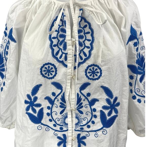 H&M White Blue Floral Paisley Embroidered Half Sleeve Button Down Blouse Top L - Picture 3 of 5